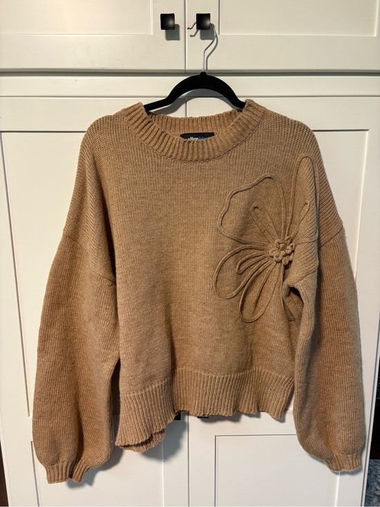 Alice Blue Sweaters - Alice Blue Camel Flower-Appliqué Crewneck Sweater